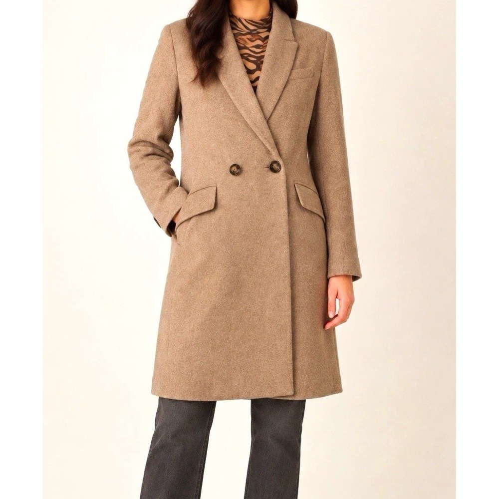 Mango MNG Wool Blend Long Coat Beige Taupe Large Double Breasted